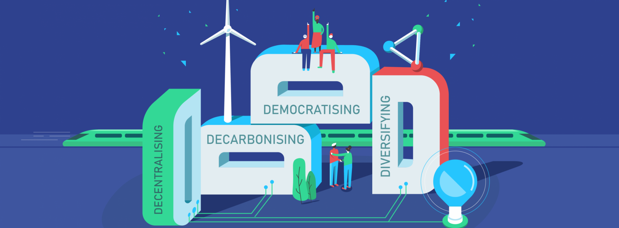 Diagram showcasing Friends Provident Foundation's 4D Economy model, highlighting key elements of democratization, decarbonization, decentralization, and diversification aimed at fostering a just and sustainable economic system.