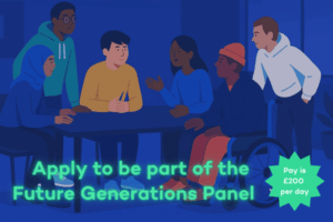 An illustration generated by artificial intelligence depicting young people around a table. Text reads: Apply to be part of the Future Generations Panel. Pay is £200 per day.