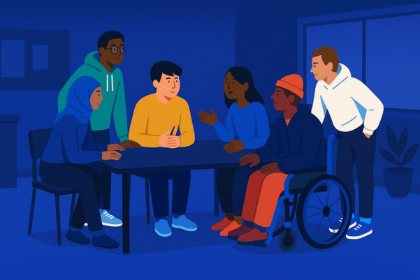 An illustration generated by artificial intelligence depicting young people around a table.
