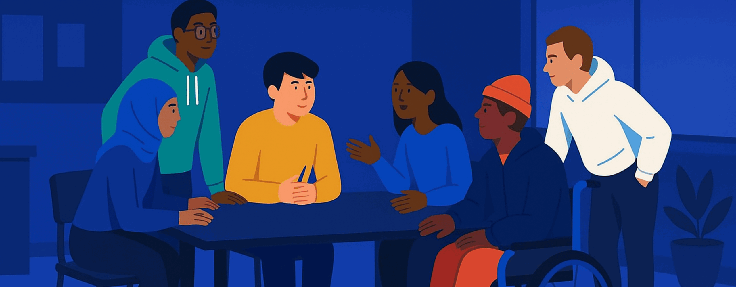 An illustration generated by artificial intelligence depicting young people around a table.