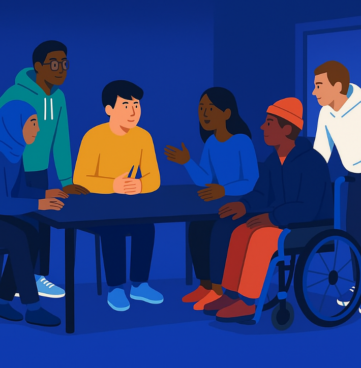 An illustration generated by artificial intelligence depicting young people around a table.
