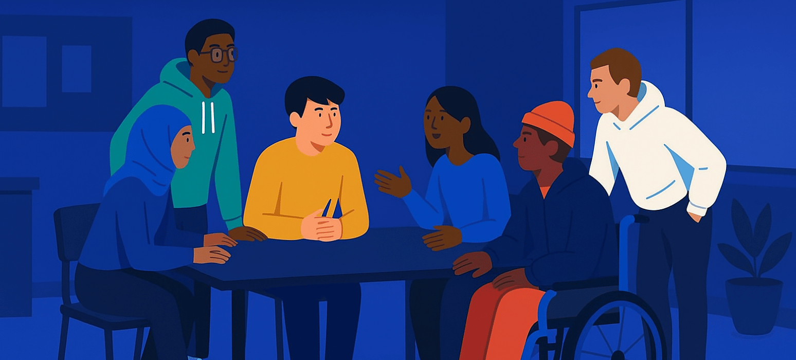 An illustration generated by artificial intelligence depicting young people around a table.