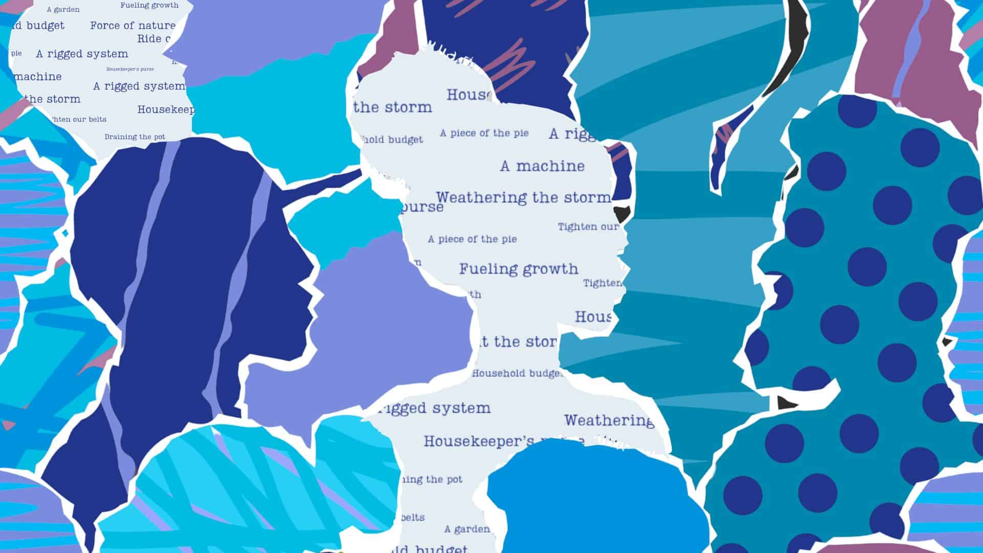 Blue coloured silhouettes of heads with abstract patterns. Some of them have words about metaphors of the economy in them.