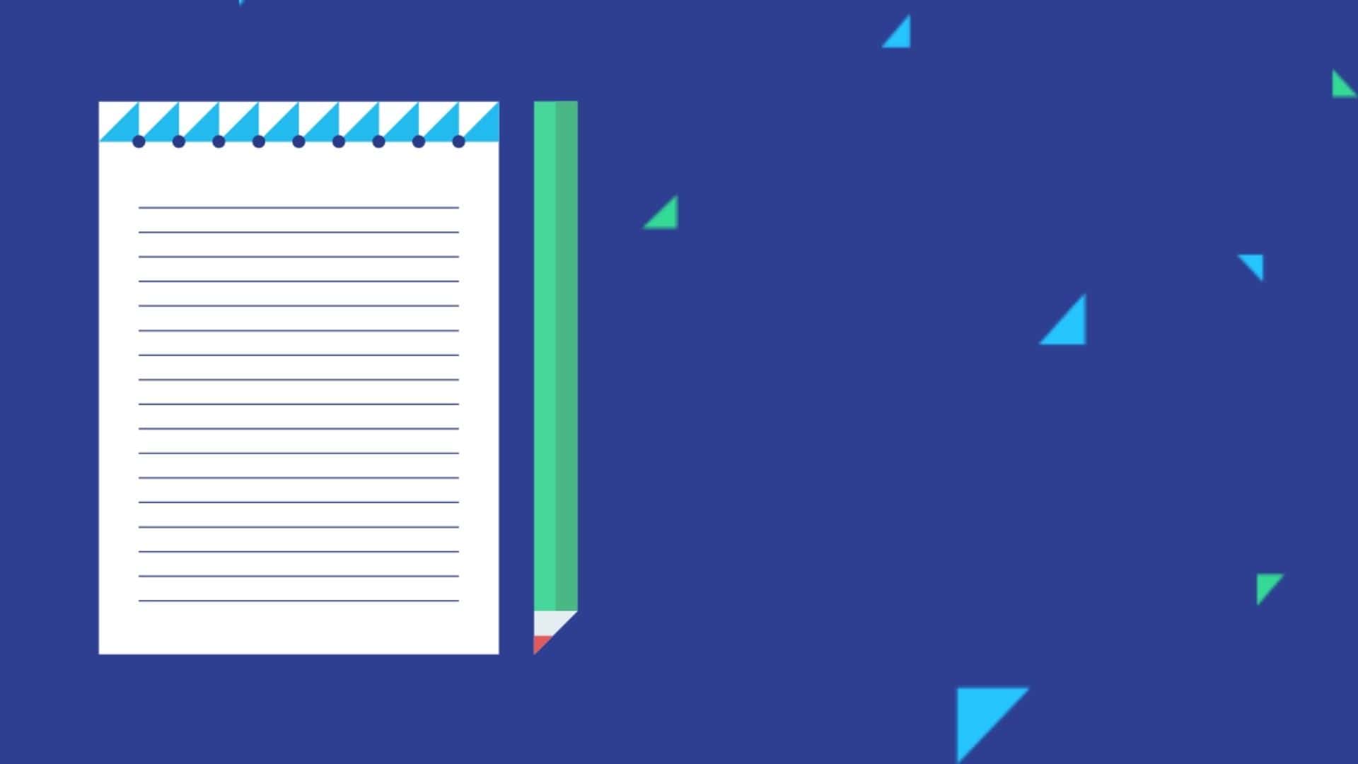 Dark blue background with illustration of notebook and pencil and small coloured triangles.