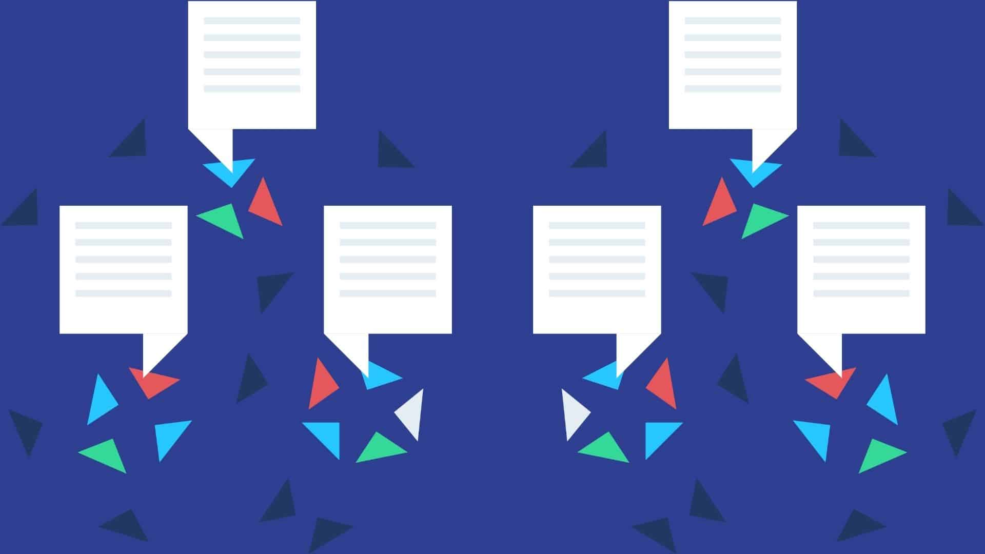 Dark blue backrgoudn with illustration of speech bubbles and small coloured triangles.